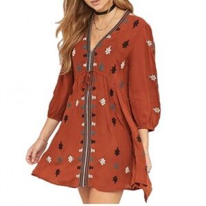 Free People Rust Mini Dress with Floral Embroidery